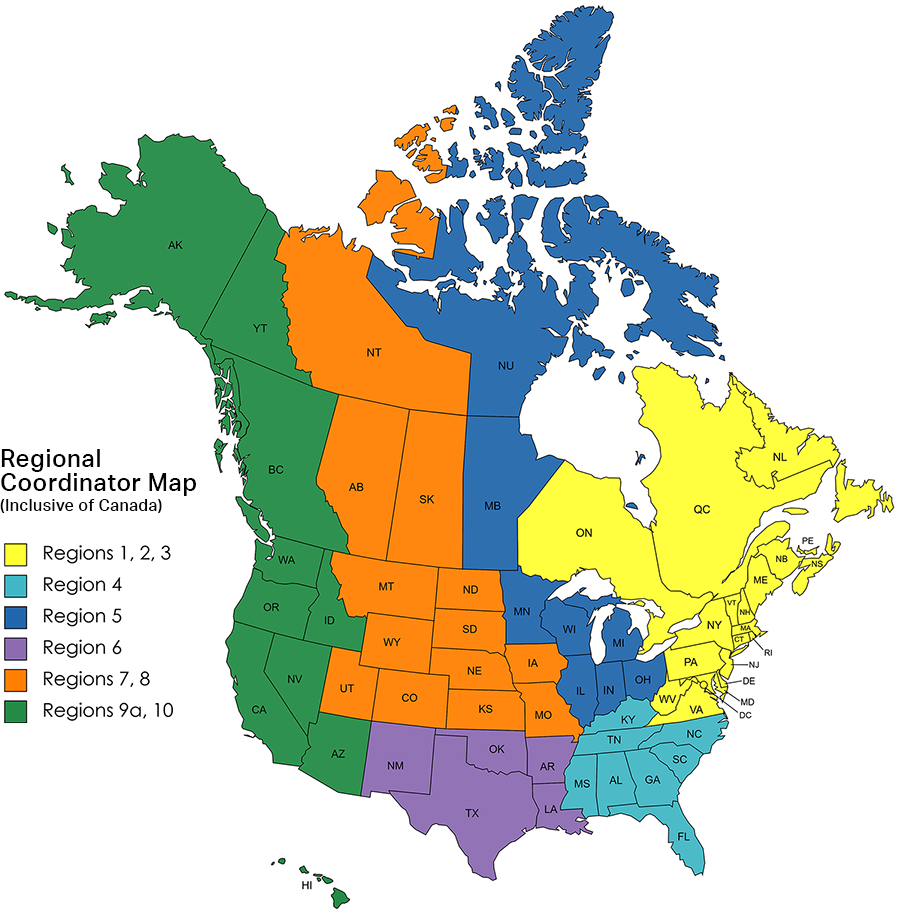Map of US Canada with colored regions reflecting Coordinators territories